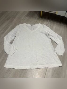 J. Jill White V Neck Long Sleeve %100 Cotton Shirt Top Sz M